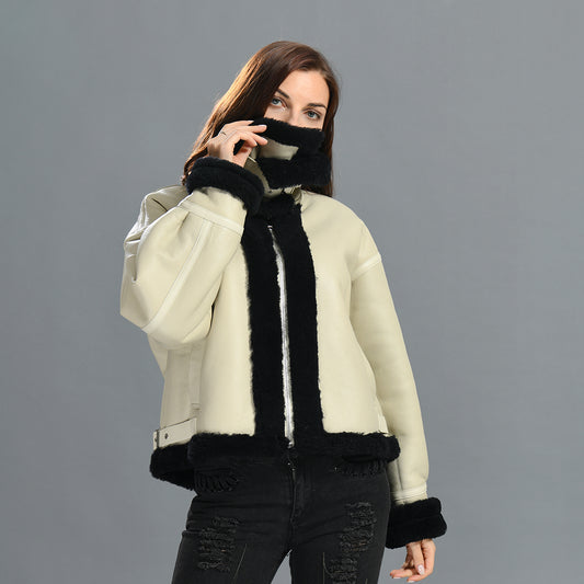 Zipper And Belt Design Genuine Shearling Jacket With Lamb Fur Wholesale Winter Women Shearling Coat