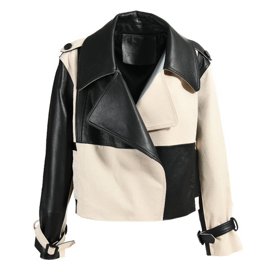 Spring Popular Mixed Color Turn Down Collar Genuine Sheepskin Leather Jacket Wholesale Custom Leather Jacket Women