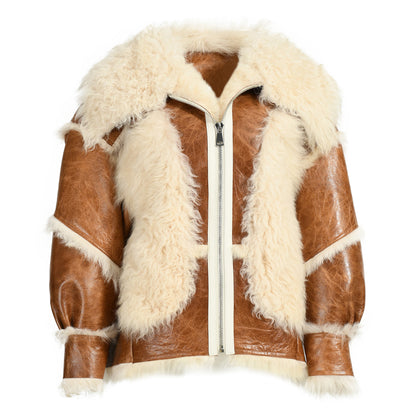 Cropped Sheepskin Leather Jacket With Real Sheep Fur Women