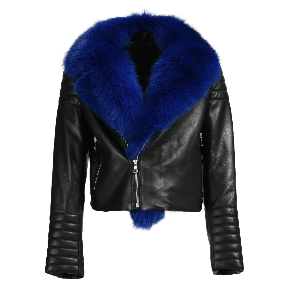 Fashion Short Style Real Leather Jacket With Real Fox Fur Collar Women