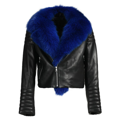 Fashion Short Style Real Leather Jacket With Real Fox Fur Collar Women