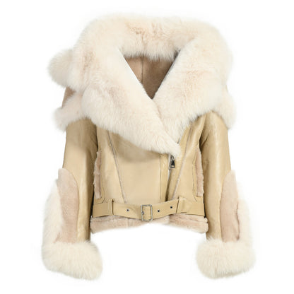 New Design Real Fox Fur Collar And Trim Genuine Leather Belt Fashion Women Leather Shearling Custom Coat