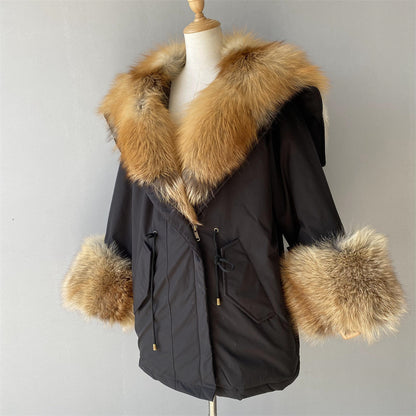 Women Casual Short Style Real Fox Fur Lining Detachable Denim Fur Jacket Fox Fur Parka