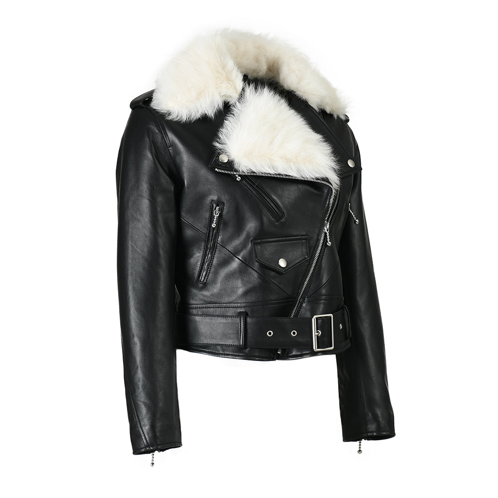 Sheepskin Leather Jacket With Fur And Belt Design