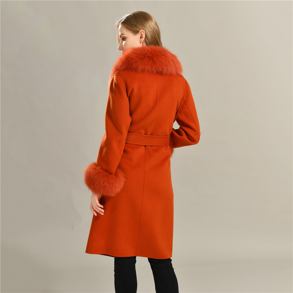 Jaxmonoy Slim Ladies Cashmere Coat Long Overcoat Real Fox Fur With Double-breasted