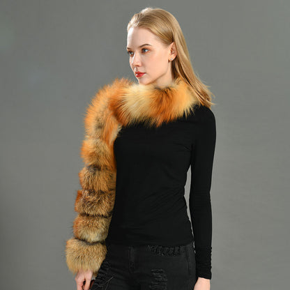 Jaxmonoy Women Real Raccoon Fur Sleeve Ladies Fashion Natural Fur Coat One Sleeve