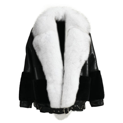 Winter Warm Thick Shearling Coat With Luxury Fox Fur Collar High Quality Genuine Leather Shearling Jacket Women Custom