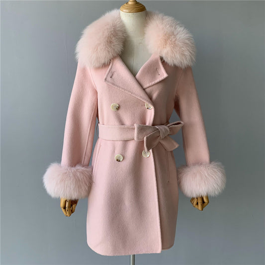 Jaxmonoy Real Fur Cashmere With Comfortable Fur Collar And Cuffs