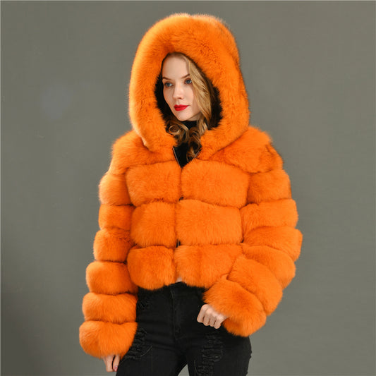 Jaxmonoy Fashionable Luxurious Real Fox Fur Coat With Big Thick Hood