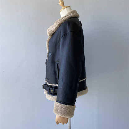 Warm Shearling Coat With Real Sheep Fur Belt Design Winter Women Genuine Shearling Jacket