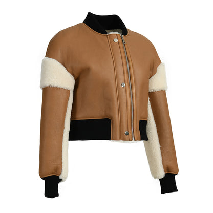 Real Sheepskin Leather Jacket With Sheep Fur Lining Cropped Genuine Shearling Womens Jacket