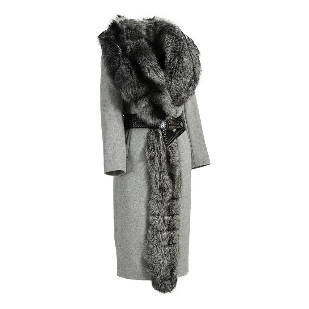 High Quality Belt Design Wool Coat With Real Big Fluffy Fox Fur Collar