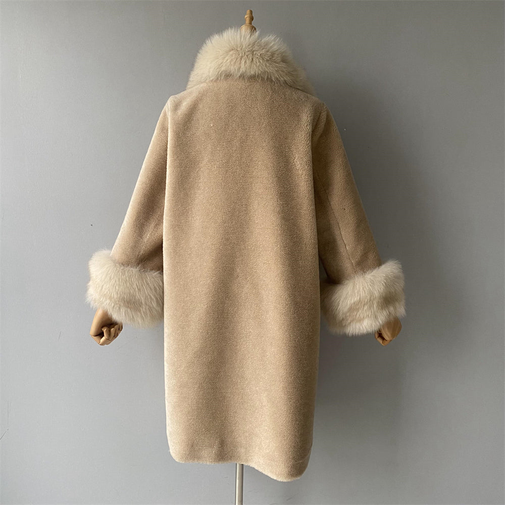 Warm Custom Long Sheep Teddy Coat With Real Fox Fur Collar And Cuffs Winter Women Warm Teddy Bear Coat