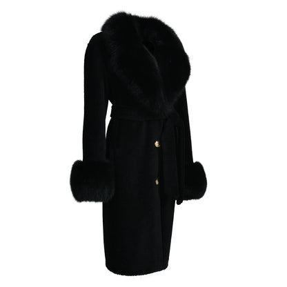 Winter Ladies Long Lamb Fur Fleece Jacket Custom Color Genuine Sheep Shearling Fox Fur Collar Teddy Bear Coat Women