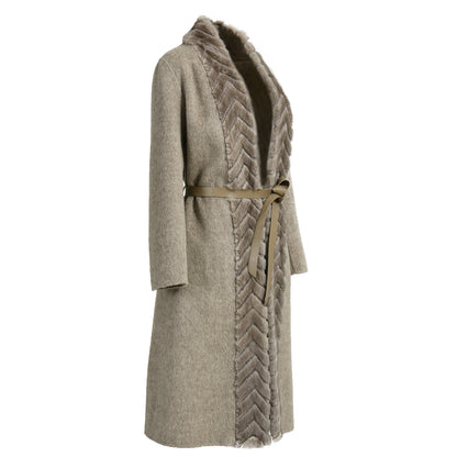 Long Wool Cashmere Winter Coats For Woman With Real Fur Belt Design