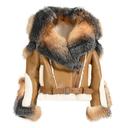 New Design Real Fox Fur Collar And Trim Genuine Leather Belt Fashion Women Leather Shearling Custom Coat