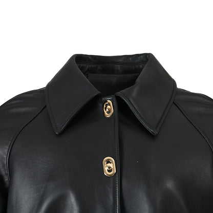 Cropped Turn-down Collar Real Sheepskin Leather Jacket For Women