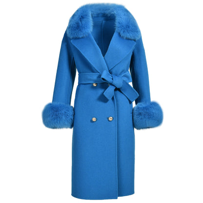 Jaxmonoy Slim Ladies Cashmere Coat Long Overcoat Real Fox Fur With Double-breasted