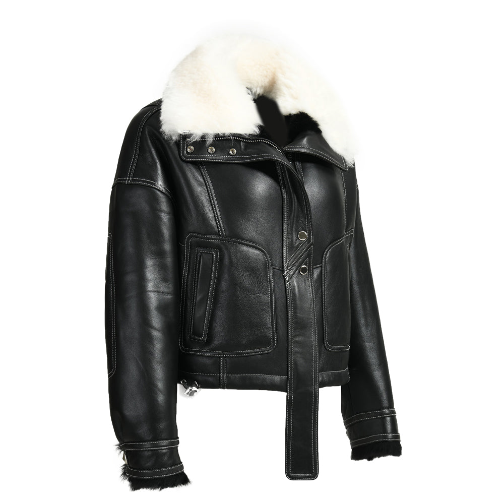 Genuine Leather Shearling Coats With Sheep Fur Collar Custom