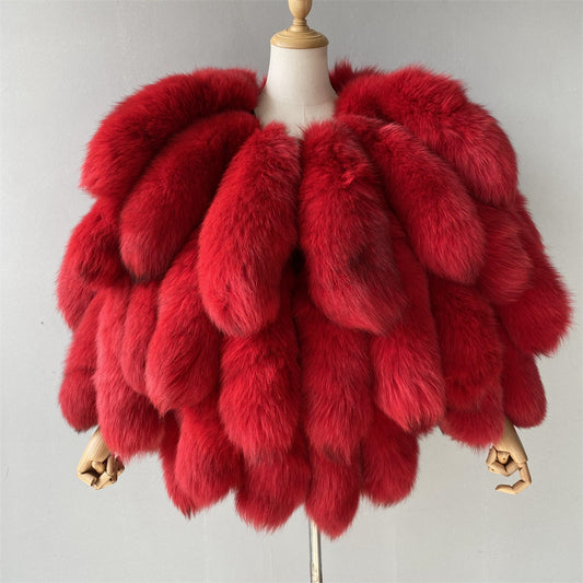 Fashion Genuine Fluffy Fox Fur Coat Winter Real Fox Fur Tails Coat