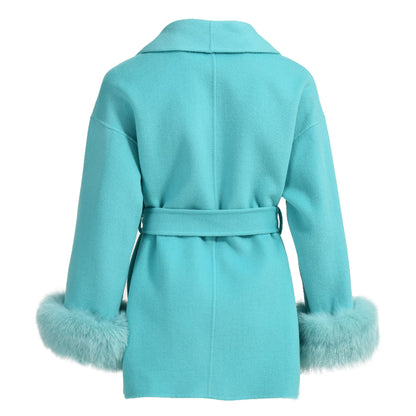 Regular Length High Quality Cashmere Coat With Real Fox Fur Cuffs Wholesale Winter 100% Women Wool Coat