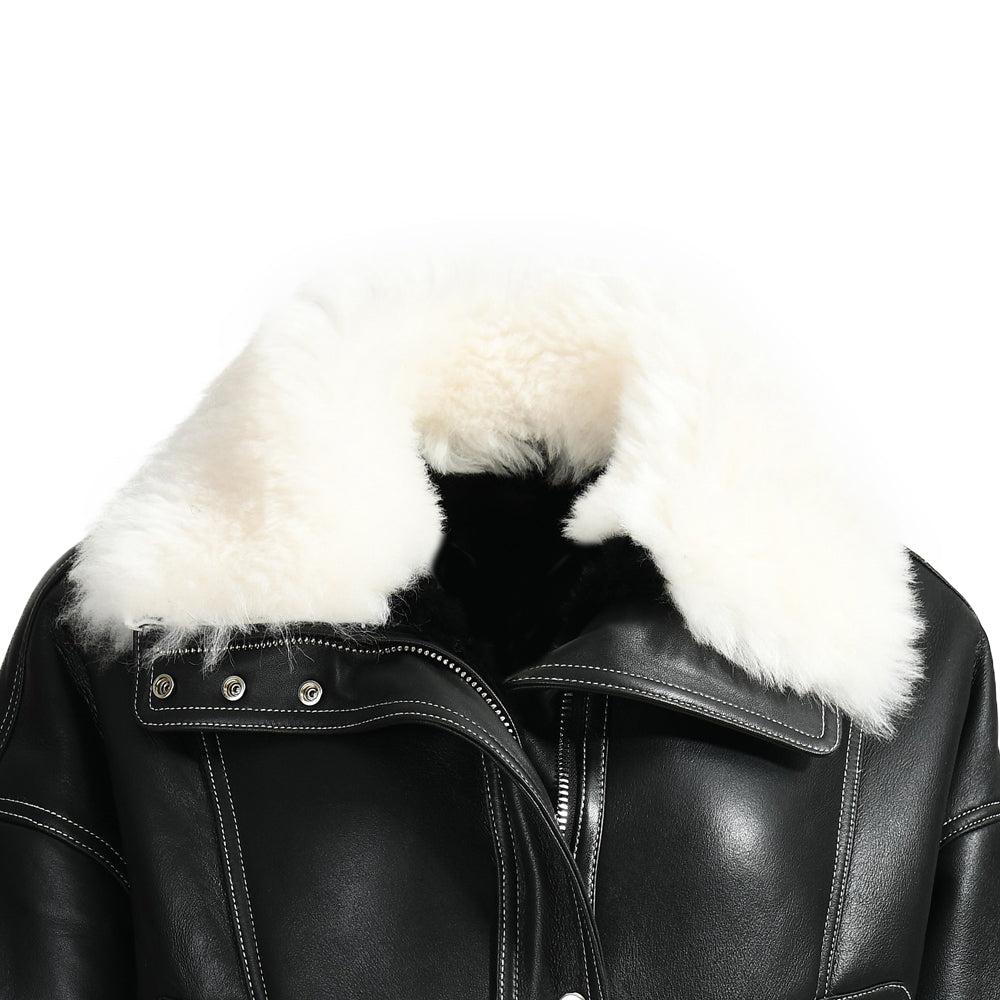 Genuine Leather Shearling Coats With Sheep Fur Collar Custom