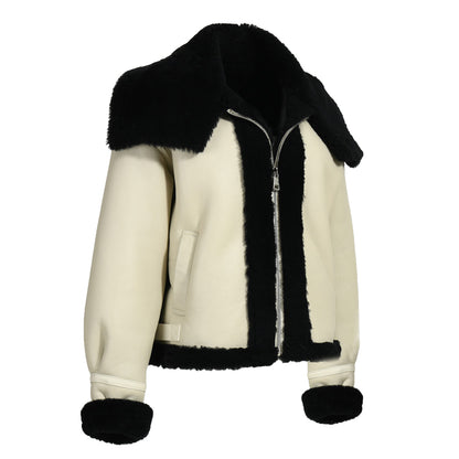 Zipper And Belt Design Genuine Shearling Jacket With Lamb Fur Wholesale Winter Women Shearling Coat