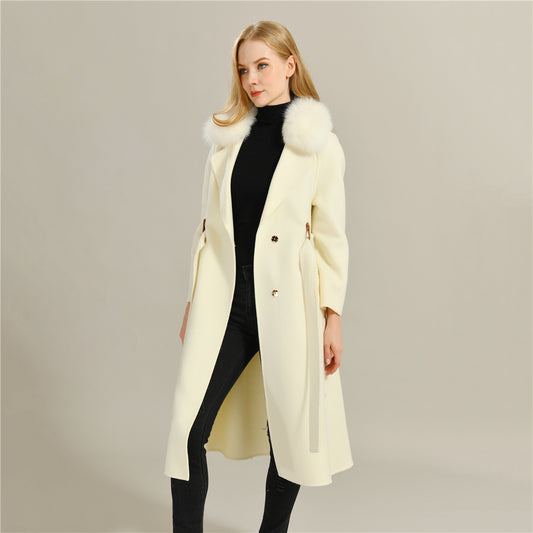 Jaxmonoy Long Style Cashmere Coat With Turn-down Real Fur Collar