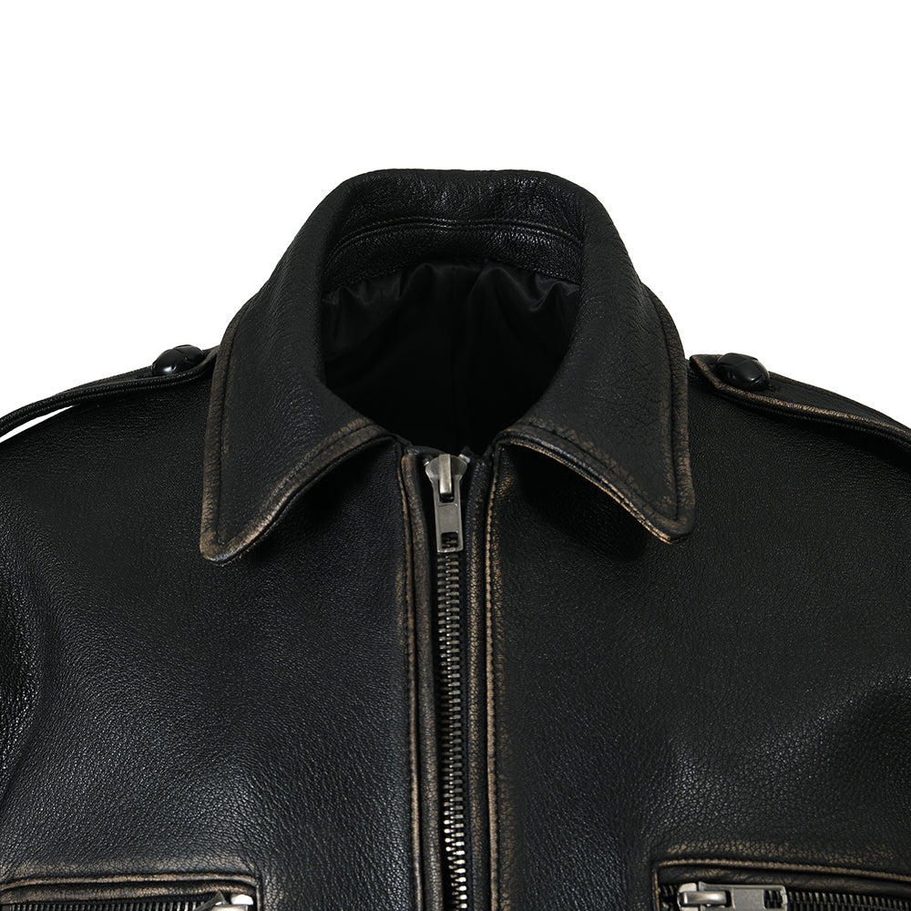 Old fashioned style Turn-down Real Sheepskin Leather Jacket