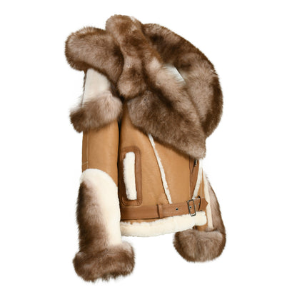 New Design Real Fox Fur Collar And Trim Genuine Leather Belt Fashion Women Leather Shearling Custom Coat