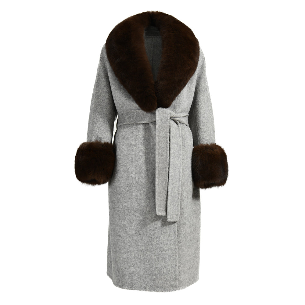 Winter Wholesale Custom High Quality Belt Design Cashmere Coat With Real Fox Fur Women Double-sided Wool Long Coat