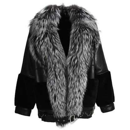 Winter Warm Thick Shearling Coat With Luxury Fox Fur Collar High Quality Genuine Leather Shearling Jacket Women Custom