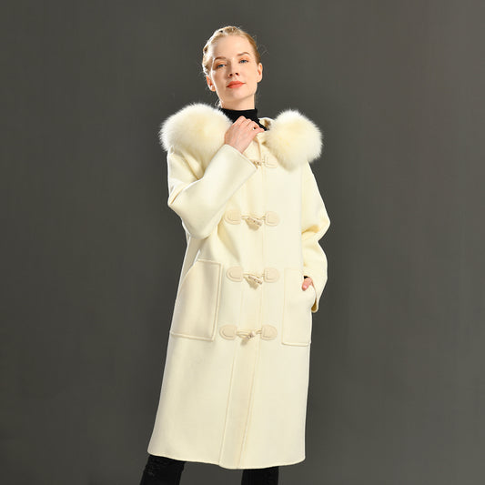 Jaxmonoy Women Cashmere Long Winter Coat Big Real Fur Jacket Horn Button Overcoat