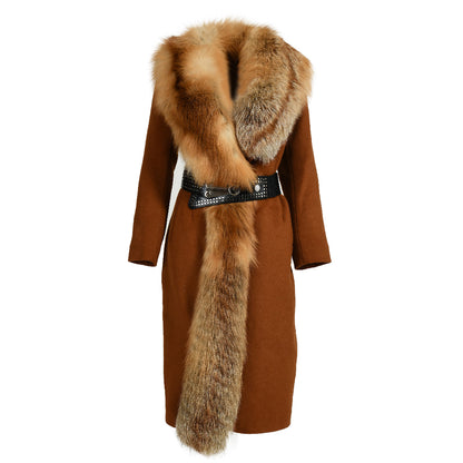 High Quality Belt Design Wool Coat With Real Big Fluffy Fox Fur Collar