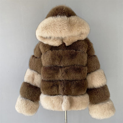 Mixed Color Real Fluffy Fox Fur Coat With Hood Design Wholesale Popular Winter Clothes For Women