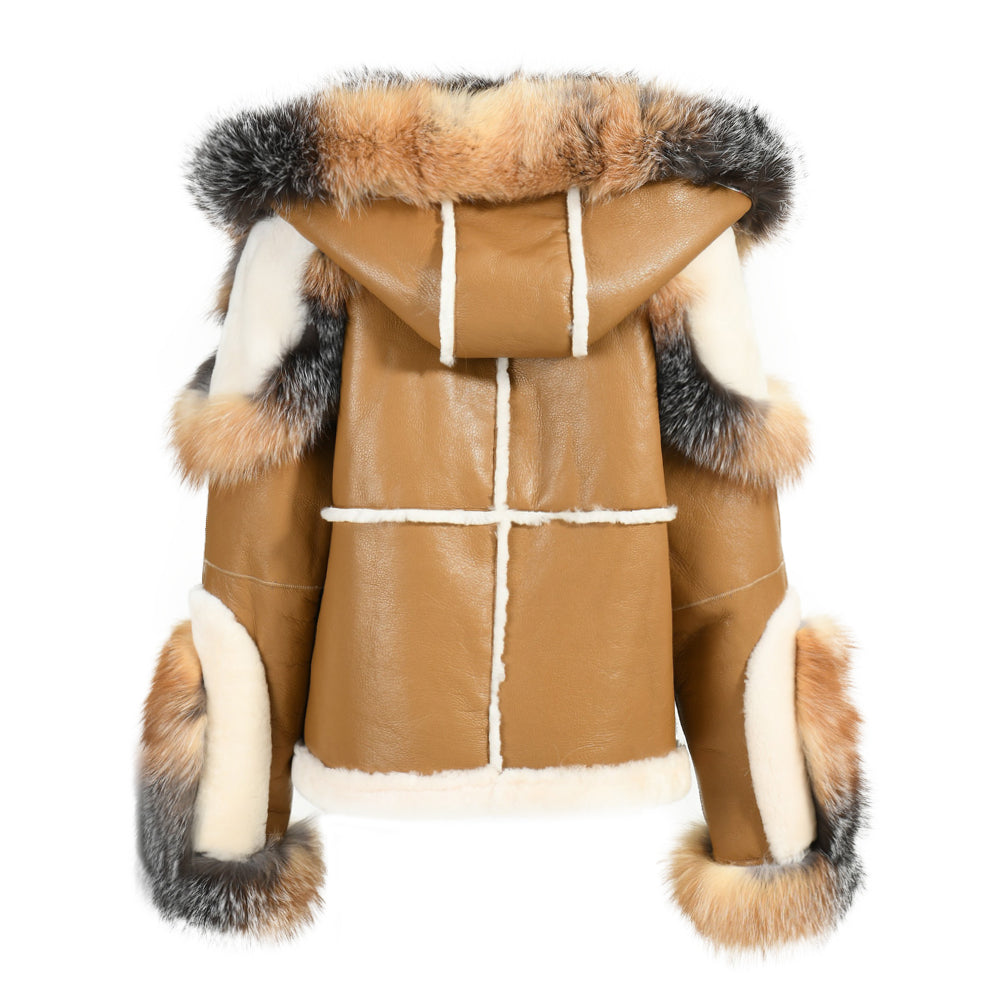 New Design Real Fox Fur Collar And Trim Genuine Leather Belt Fashion Women Leather Shearling Custom Coat