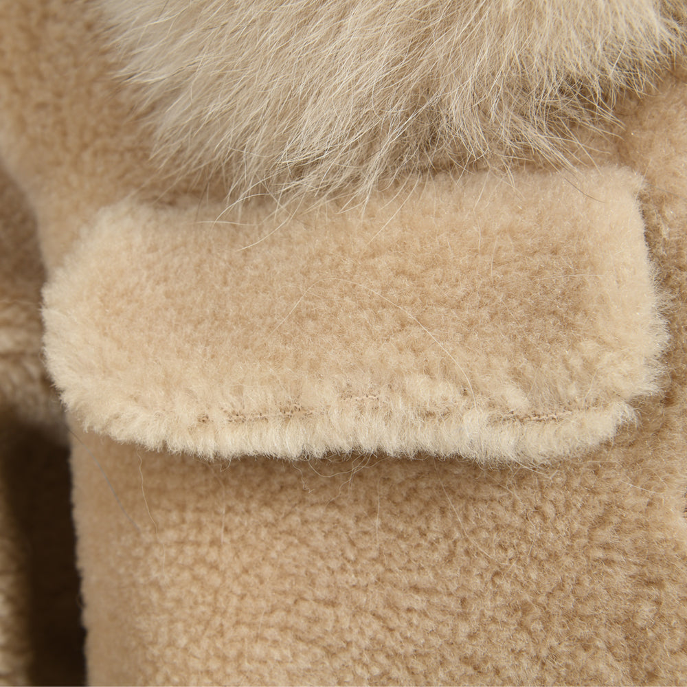 Children Long Sheep Fur Teddy Coat With Real Fox Fur Collar And Cuffs