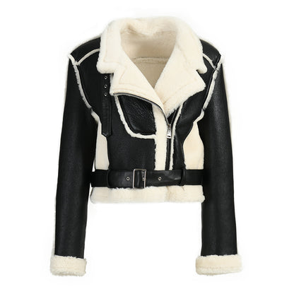 Turn-down Collar Belt Design Genuine Shearling Jacket With Sheep Fur Lining Winter Women Real Shearling Jacket