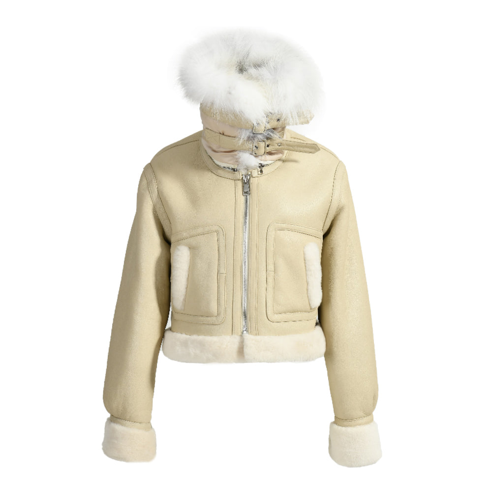 Winter Warm Thick Shearling Coat With Removable Real Luxury Fur Collar Women Genuine Shearling Jacket Coat