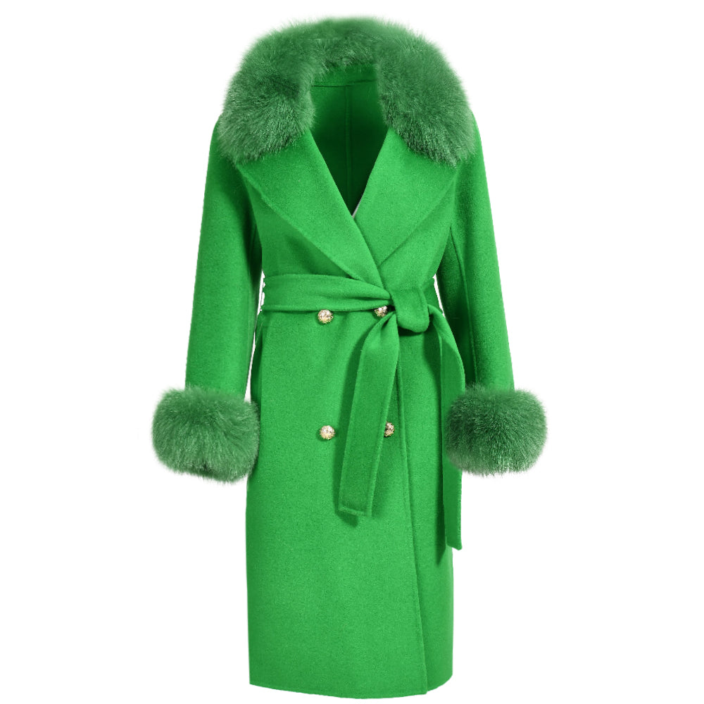 Jaxmonoy Slim Ladies Cashmere Coat Long Overcoat Real Fox Fur With Double-breasted