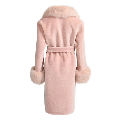 Winter Ladies Long Lamb Fur Fleece Jacket Custom Color Genuine Sheep Shearling Fox Fur Collar Teddy Bear Coat Women