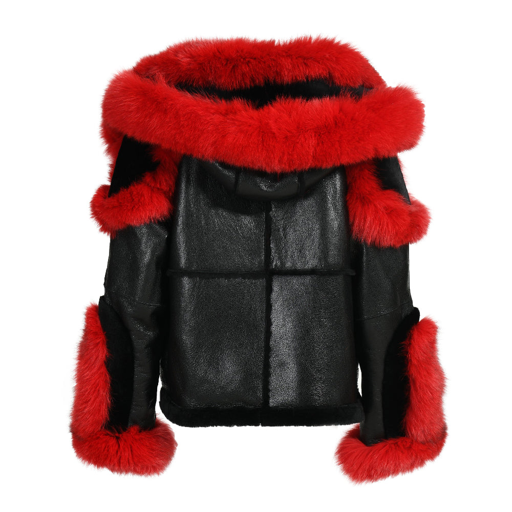 New Design Real Fox Fur Collar And Trim Genuine Leather Belt Fashion Women Leather Shearling Custom Coat