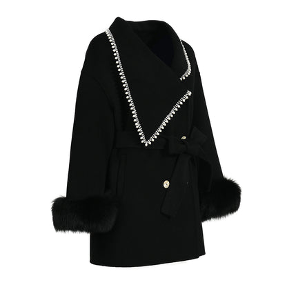 Winter New Style Turn-down V-neck Double-sided Wool Coat High Quality Women Real Fox Fur Cuff Cashmere Coatings