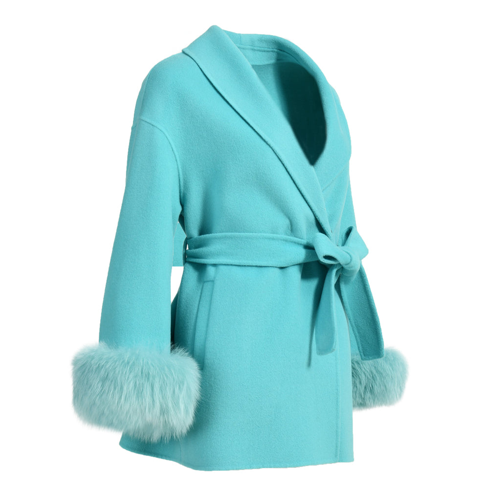 Regular Length High Quality Cashmere Coat With Real Fox Fur Cuffs Wholesale Winter 100% Women Wool Coat