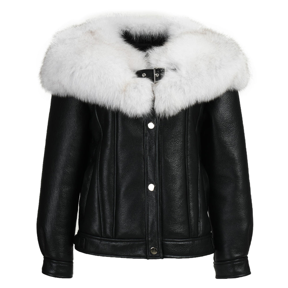 Luxury Fluffy Fox Fur Collar Regular Length Genuine Leather Shearling Jacket Women Custom