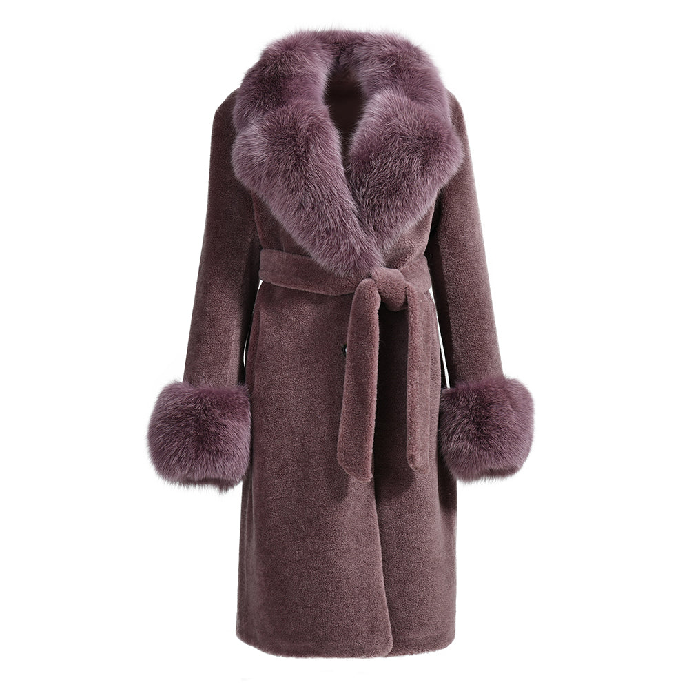 Winter Ladies Long Lamb Fur Fleece Jacket Custom Color Genuine Sheep Shearling Fox Fur Collar Teddy Bear Coat Women