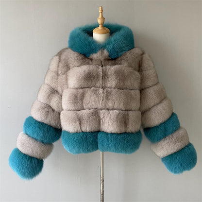 Mixed Color Real Fluffy Fox Fur Coat With Hood Design Wholesale Popular Winter Clothes For Women