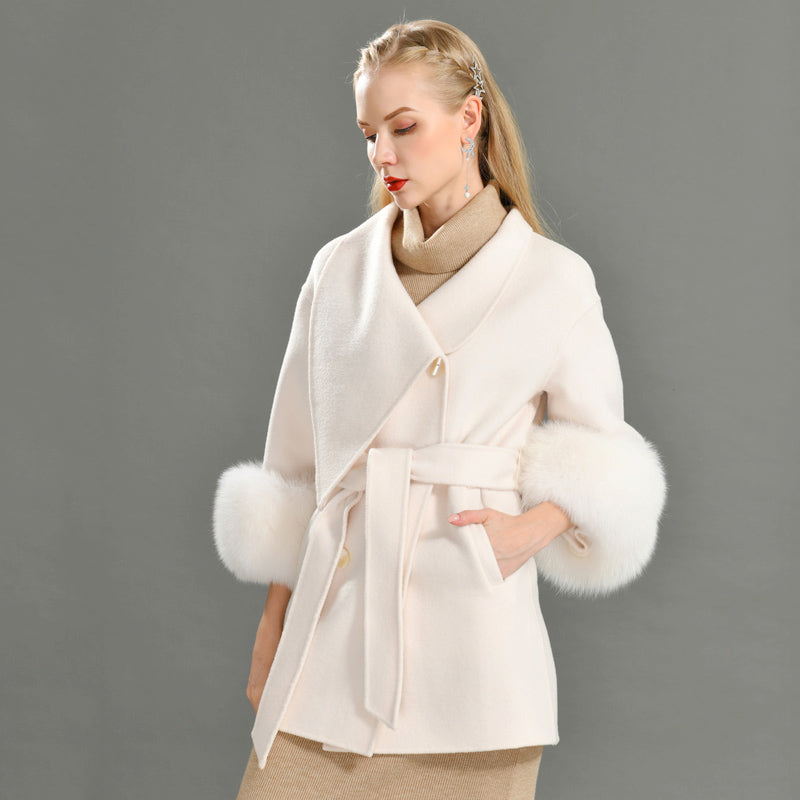 Windbreaker Style Elegant Silhouette Breathable Wool Cashmere Coat With Fur