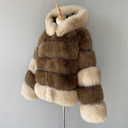 Mixed Color Real Fluffy Fox Fur Coat With Hood Design Wholesale Popular Winter Clothes For Women