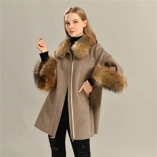 Jaxmonoy Stylish Cashmere Coat With Real Fur Collar And Cuffs Short Style